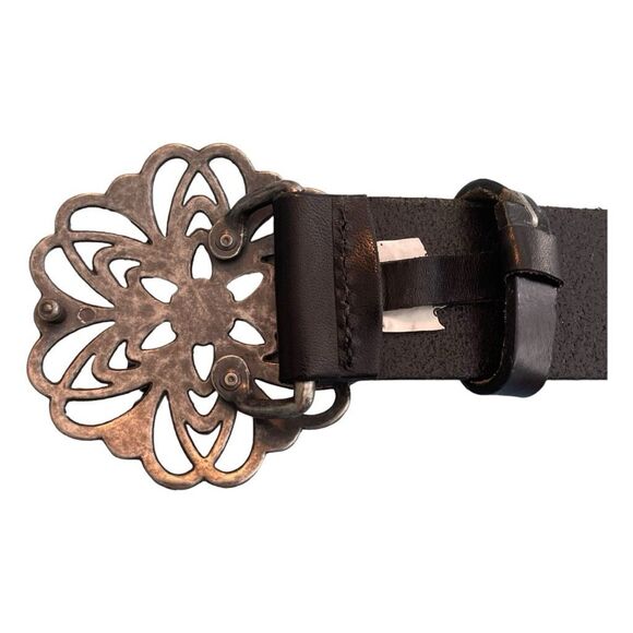 Old Navy Black Leather Belt Large Gunmetal Metal Tone Buckle Floral S - Picture 4 of 5